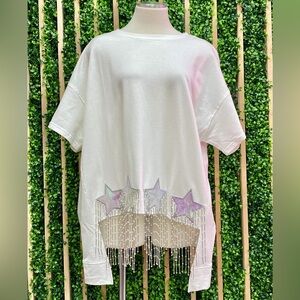 Fantastic Fawn White T-Shirt with Sequin Star Beaded Fringe Detail